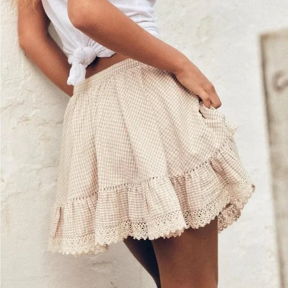 NWT Zara Plaid Gingham Ruffle Lace Frill Mini Skirt in Cream/Brown - S - Picture 4 of 8